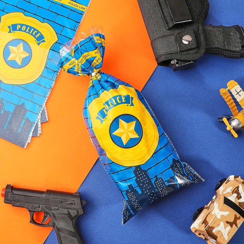 Epakh حقيبة سيلوفان شرطة 100 قطعة لحفلة الشرطة، أكياس هدايا، حلوى، أكياس معالجة زرقاء مع 100 رباط فضي لوازم عيد ميلاد الشرطي - Image 3