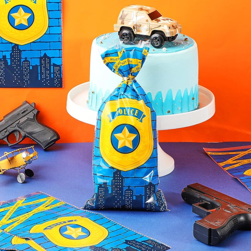 Epakh حقيبة سيلوفان شرطة 100 قطعة لحفلة الشرطة، أكياس هدايا، حلوى، أكياس معالجة زرقاء مع 100 رباط فضي لوازم عيد ميلاد الشرطي - Image 4