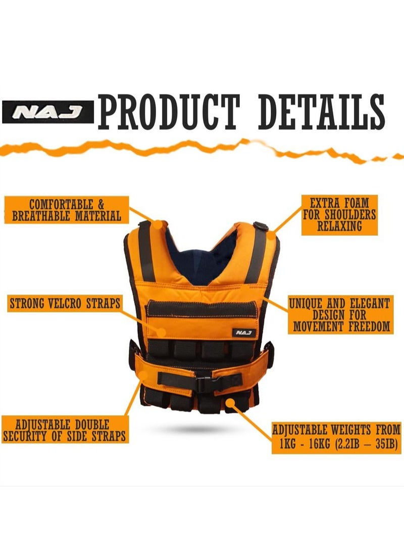 NAJ Fitness  - Weighted Vest for Workout, Exercise, Gym, Strong Muscle with 16kg Adjustable Block weights - Orange - Image 1