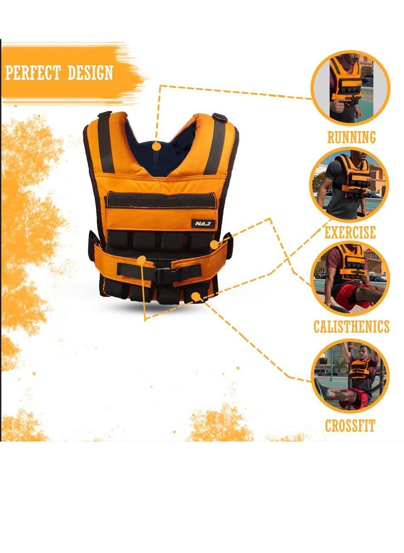 NAJ Fitness  - Weighted Vest for Workout, Exercise, Gym, Strong Muscle with 16kg Adjustable Block weights - Orange - Image 1
