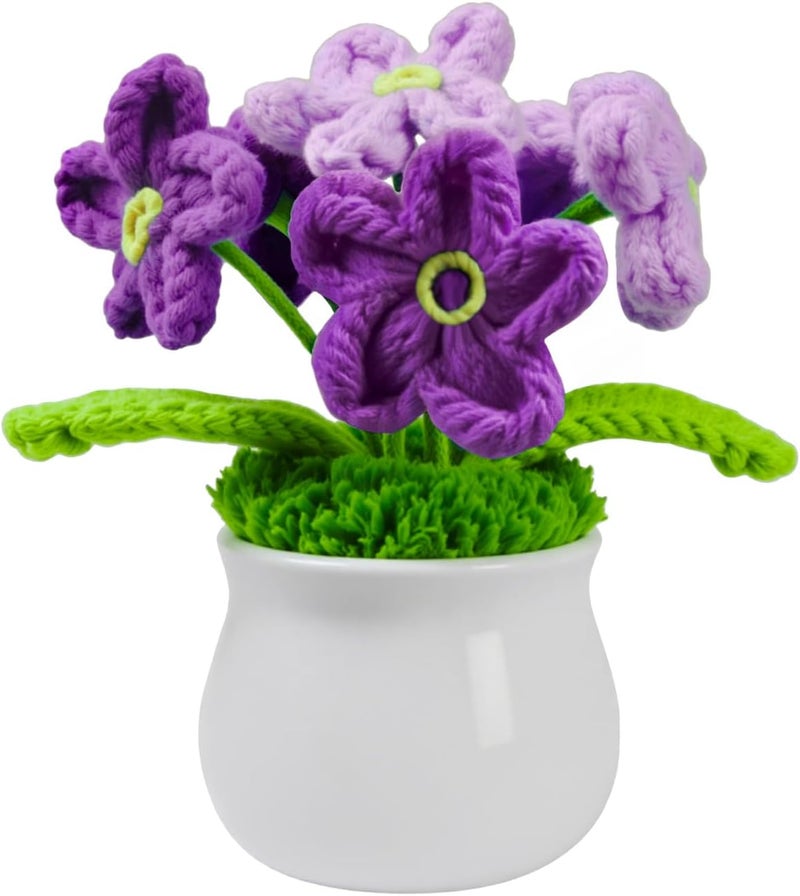 SZMDLX Crochet Flower Bouquet,Hand Knitted Flowers Plant Forget Me Not Gifts,Artificial Decoration Potted Plant Crochet Gifts for Women Office Desktop,Car Decoration (Purple Forget-Me-Not) - Image 2