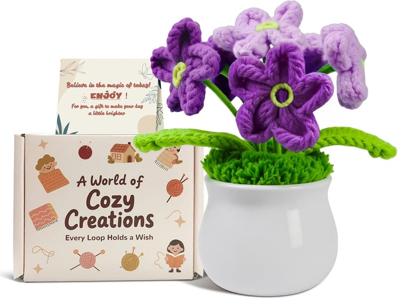 SZMDLX Crochet Flower Bouquet,Hand Knitted Flowers Plant Forget Me Not Gifts,Artificial Decoration Potted Plant Crochet Gifts for Women Office Desktop,Car Decoration (Purple Forget-Me-Not) - Image 1