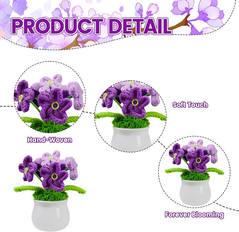 SZMDLX Crochet Flower Bouquet,Hand Knitted Flowers Plant Forget Me Not Gifts,Artificial Decoration Potted Plant Crochet Gifts for Women Office Desktop,Car Decoration (Purple Forget-Me-Not) - Image 4