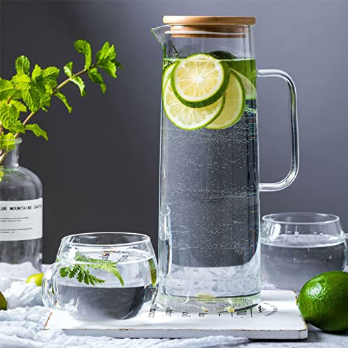 hjn Glass Pitcher with Lid Glass Water Carafe with Handle, Fridge Water Jug Cold or Hot Beverages, Iced Tea, Milk, Juice 1500ml/51oz & bamboo lid - Image 2