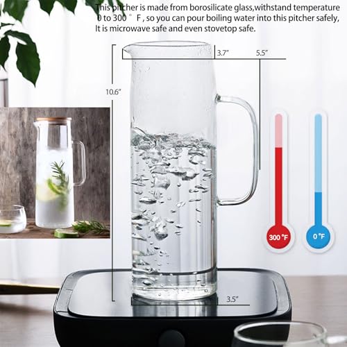 hjn Glass Pitcher with Lid Glass Water Carafe with Handle, Fridge Water Jug Cold or Hot Beverages, Iced Tea, Milk, Juice 1500ml/51oz & bamboo lid - Image 5