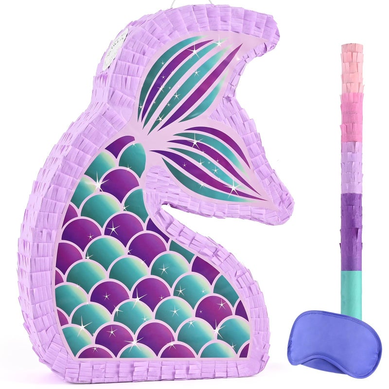 WERNNSAI Mermaid Piata  Mermaid Party Supplies Piata Bundle with Blindfold and Bat for Girls Kids Ocean Theme Birthday Party Game Carnival Activity Decorations 167 x 122 x 31 - Image 2