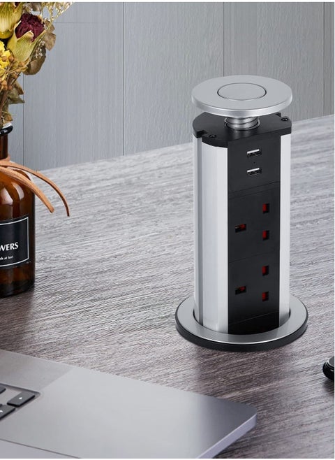 Pop Up Socket, Pull Pop Up Electrical Plug Socket Extension with 3 UK Sockets & 2 USB Charger Ports for Home Office Kitchen Worktops Desktop, Aluminum Alloy Shell, 1.8 m Extension Cord