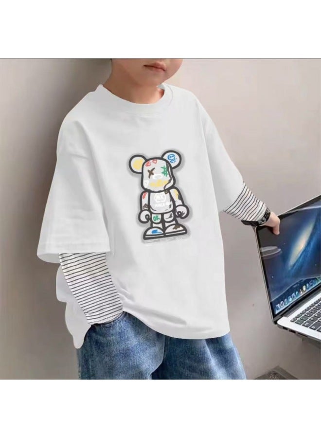 Boys And Girls Long Sleeve T-shirt Autumn New Collection Mid-size Kids Striped Fake Two-piece Body Sleeve Children's Pure Cotton Base Layer