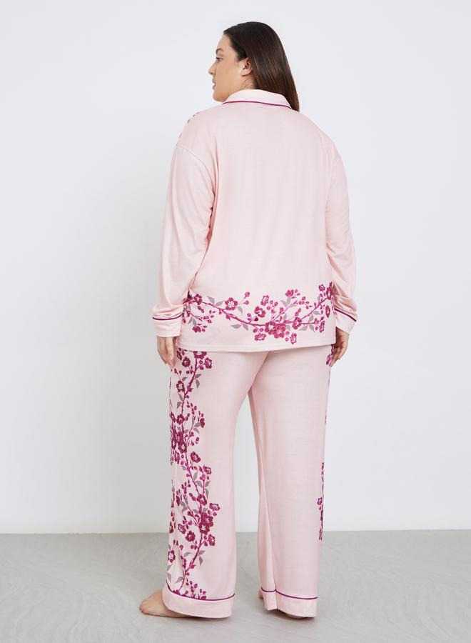 Styli Plus Placement Floral Print Button Long Sleeve Shirt and Pyjama Set - Image 4