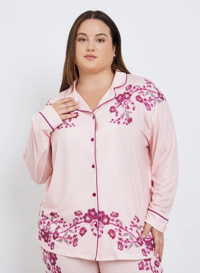 Styli Styli Plus Placement Floral Print Button Long Sleeve Shirt and Pyjama Set