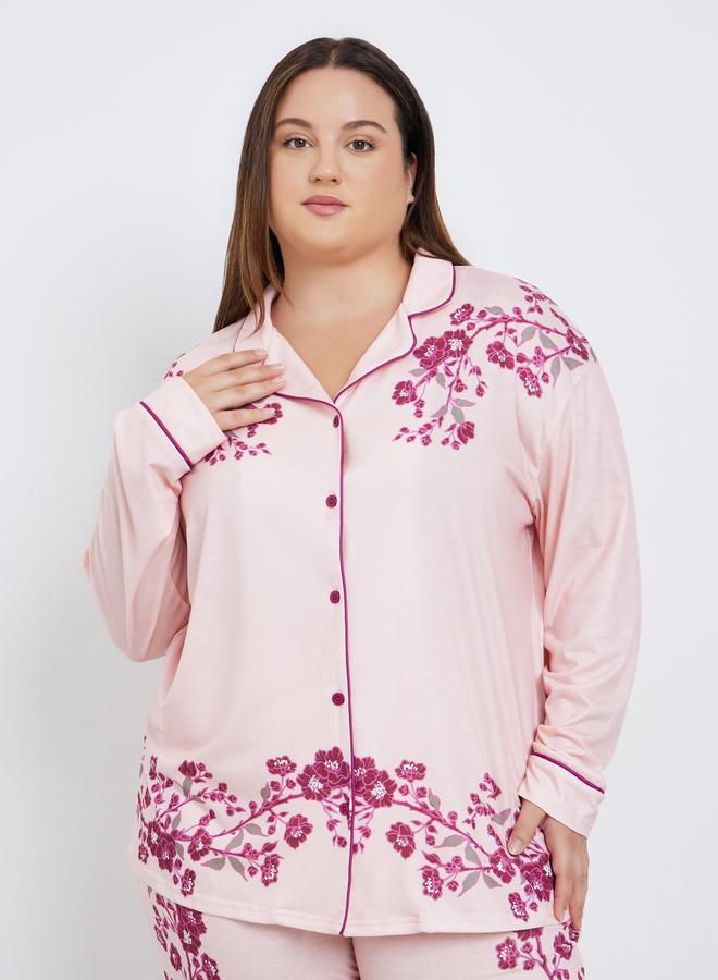 Styli Plus Placement Floral Print Button Long Sleeve Shirt and Pyjama Set - Image 2