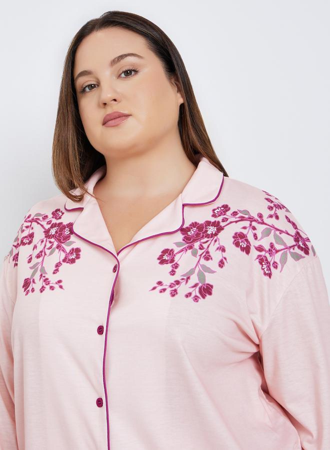 Styli Plus Placement Floral Print Button Long Sleeve Shirt and Pyjama Set - Image 3