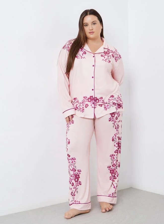 Styli Styli Plus Placement Floral Print Button Long Sleeve Shirt and Pyjama Set
