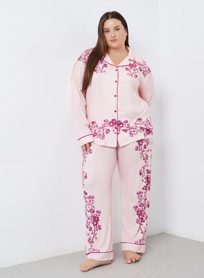 Styli Plus Placement Floral Print Button Long Sleeve Shirt and Pyjama Set - Image 1