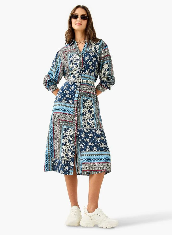 Lee Cooper Lee Cooper All-Over Print Shirt Dress with Collar and Belt