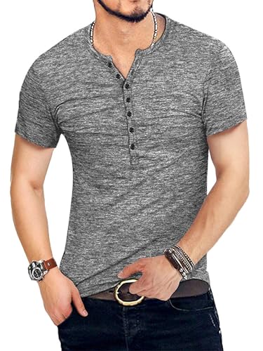 KUYIGO Men's Henley Shirts Short Sleeve Mens Casual Stylish Summer T-Shirt Grey Large - Image 3