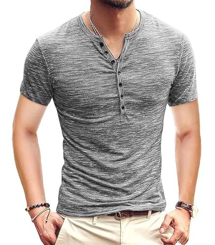 KUYIGO Men's Henley Shirts Short Sleeve Mens Casual Stylish Summer T-Shirt Grey Large - Image 1
