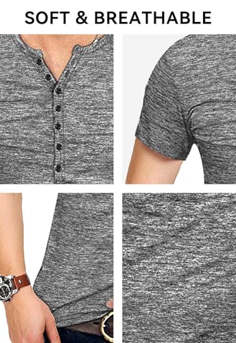KUYIGO Men's Henley Shirts Short Sleeve Mens Casual Stylish Summer T-Shirt Grey Large - Image 5