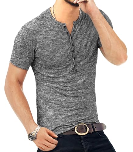 KUYIGO Men's Henley Shirts Short Sleeve Mens Casual Stylish Summer T-Shirt Grey Large - Image 2