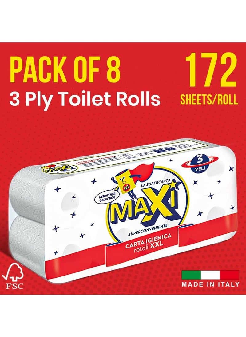 Maxi Supercarta 3-Ply Tissue Paper Toilet Rolls - 8 Rolls, 172 High Absorbent Sheets per Roll - Extra Soft, Durable & Highly Absorbent Tissue  - Image 2