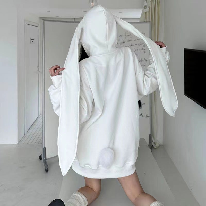 Cute Bunny Ear Hooded Zip Jacket Autumn Winter Casual Sweatshirt for Couples White thin