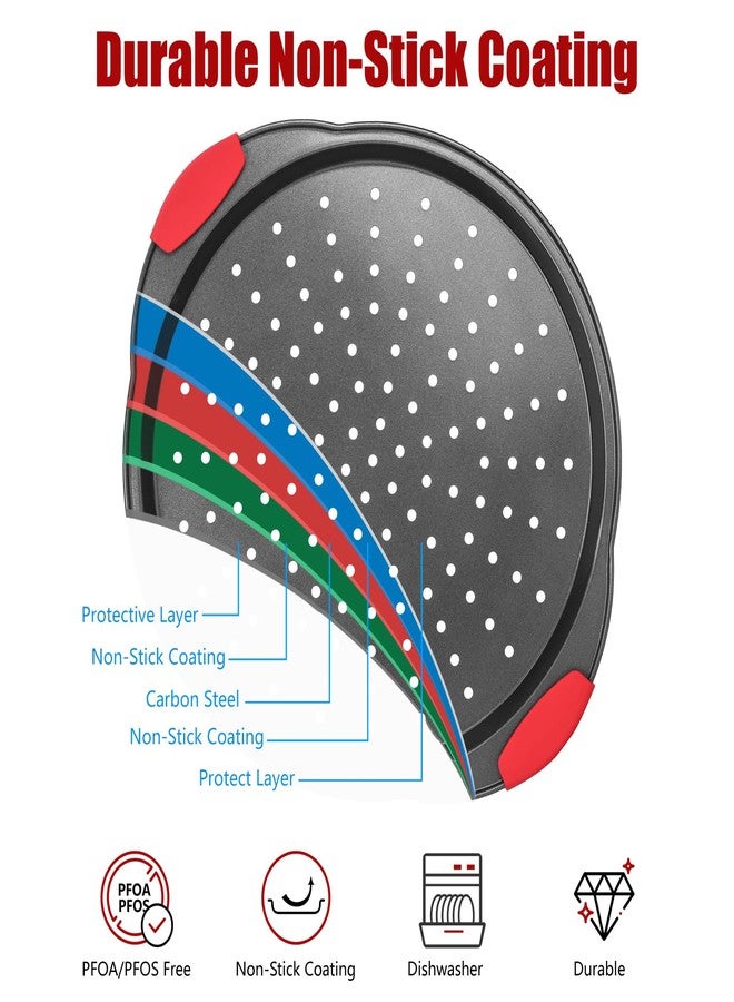 صينية بيتزا YIDAZLE للفرن (عبوة من قطعتين)، صواني خبز بيتزا مع قطاعة بيتزا، صينية خبز بيتزا دائرية مقاس 13 بوصة بفتحات مثقبة ومقبض سيليكون، مصنوعة من الفولاذ الكربوني الآمن للاستخدام في الفرن وغسالة الصحون - Image 3