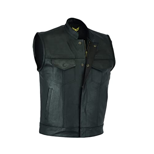 Leatherick Mens Leather Motorcycle Vest | SOA Club Style Biker Vest for Men with 8 Inside Pockets, Dual Closure Riding Gear (XL, Black (With Collar)) - Image 1