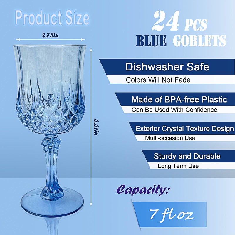 Veiuwa 24 PCS Blue Plastic Wine Glasses,Reusable Plastic Wine Glasses,Blue Goblet Glass,Durable and Sturdy Cups Can Be Used for Various Parties Such as Weddings! - Image 2