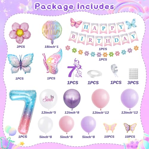 KISPATTI 7th Birthday Decorations for Girl 7 Year Old Birthday Decorations Girl Butterfly Bday Decor Happy Bday Banner Pink and Purple Balloons Seven Bday Decor - Image 5