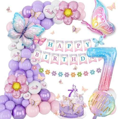 KISPATTI 7th Birthday Decorations for Girl 7 Year Old Birthday Decorations Girl Butterfly Bday Decor Happy Bday Banner Pink and Purple Balloons Seven Bday Decor - Image 1