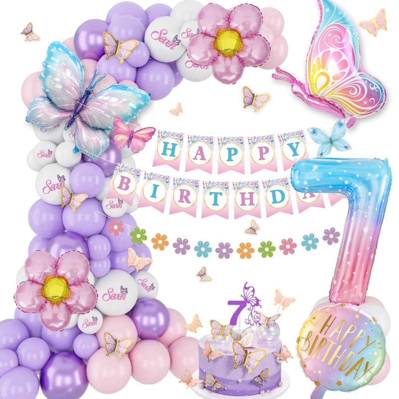 KISPATTI 7th Birthday Decorations for Girl 7 Year Old Birthday Decorations Girl Butterfly Bday Decor Happy Bday Banner Pink and Purple Balloons Seven Bday Decor - Image 3
