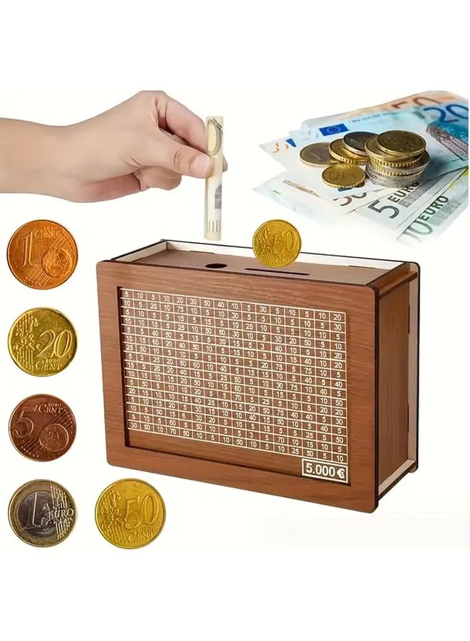 بنك مال خشبي بني فاتح مع عداد عملات وفتحة اليورو ونافذة عرض - Image 1