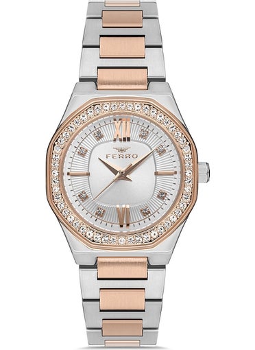 FERRO Women's Silver-Rose Color Stone Wristwatch + Original Guaranteed Bracelet with Gift  - Image 2