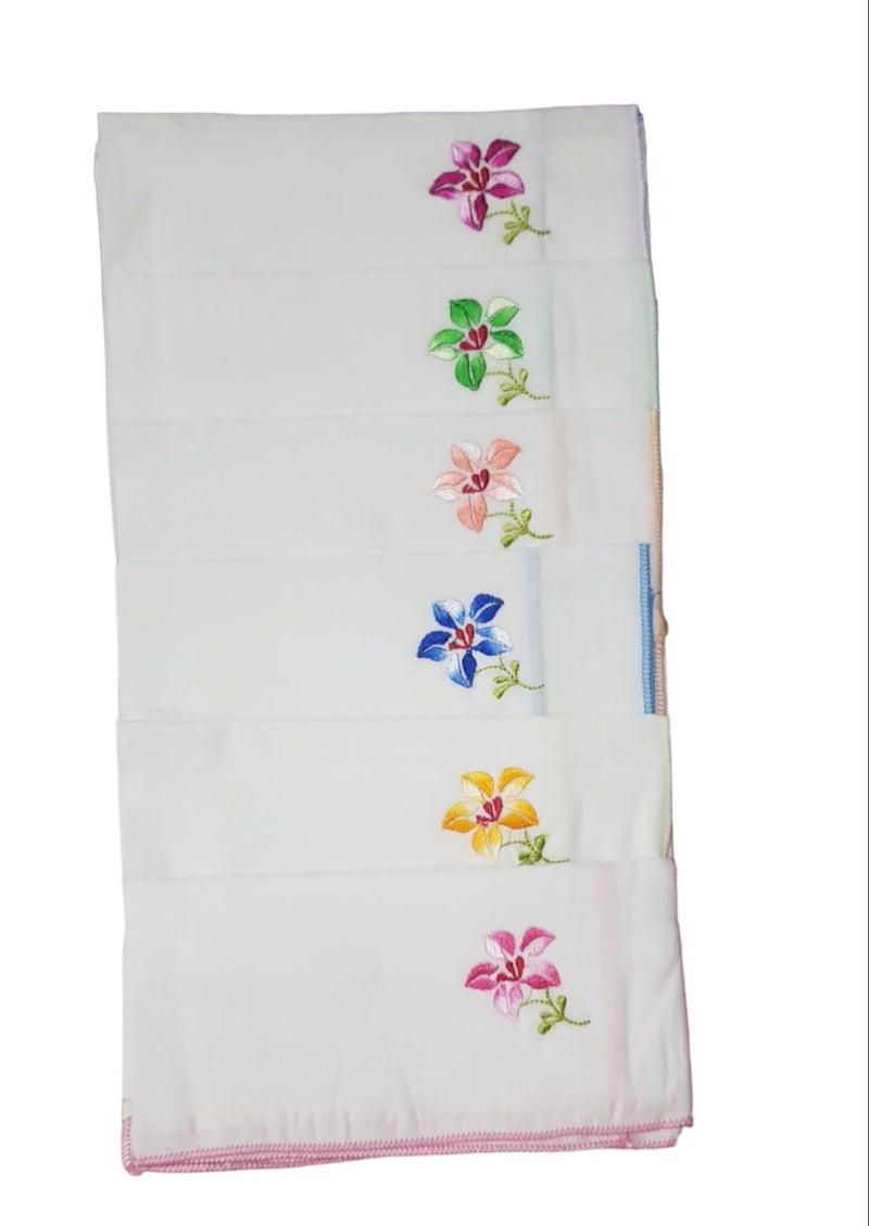 ANVIK Women/Lady Cotton Embroidery Floral Handkerchief .Hanky for Kids Girls for School Size 33cm by 33 cm (White) Pack of 6 - Image 1