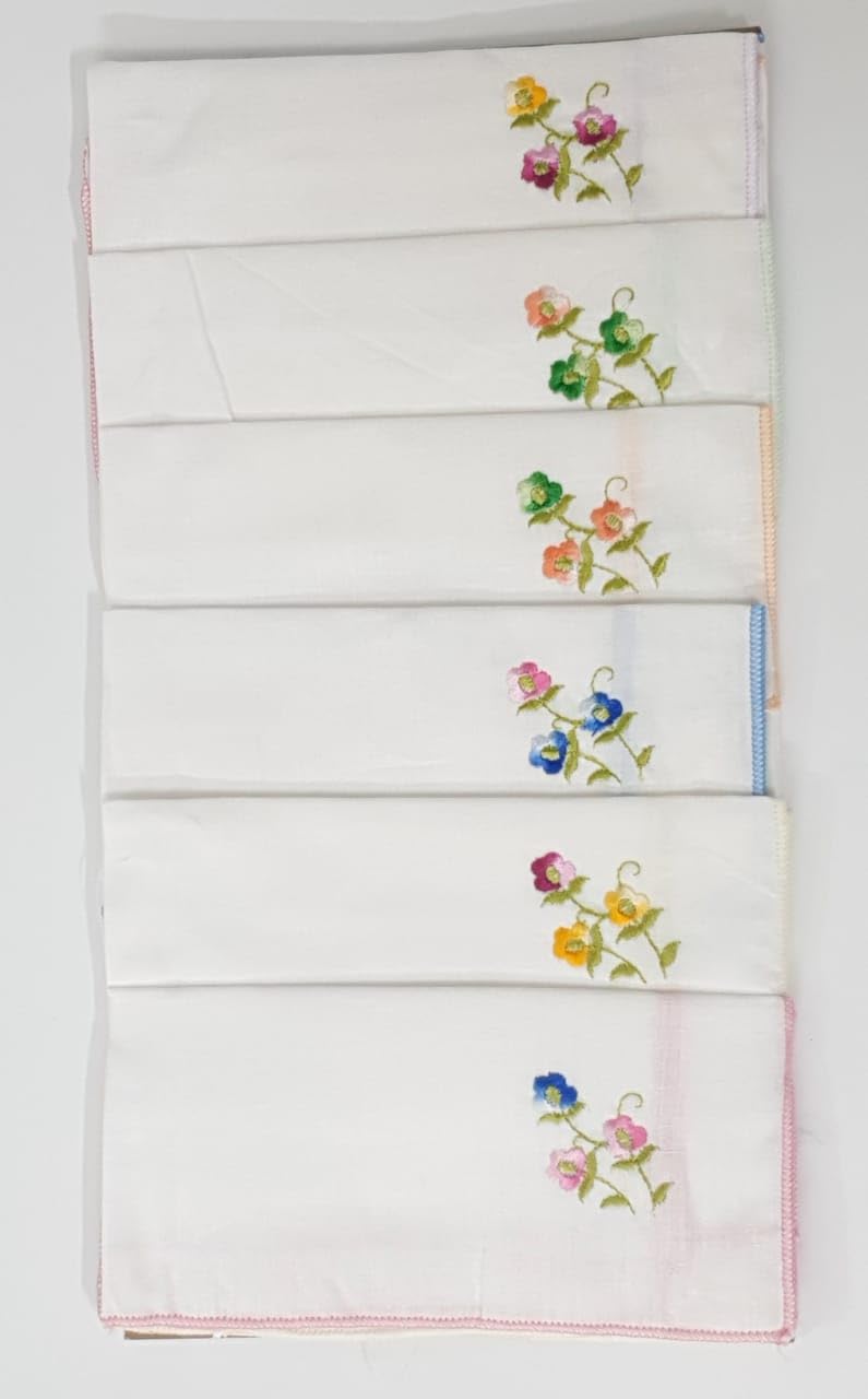 ANVIK Women/Lady Cotton Embroidery Floral Handkerchief .Hanky for Kids Girls for School Size 33cm by 33 cm (White) Pack of 6 - Image 3