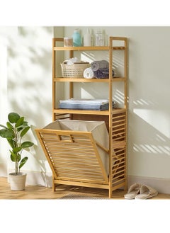 JOMILA Byroce Bamboo Tilt Out Laundry Hamper with Shelves 3-Tier Storage Shelf with Removable Laundry Basket & Handle Tower Hamper Cabinet Organizer for Bathroom Bedroom Laundry Room Living Room  - Image 1