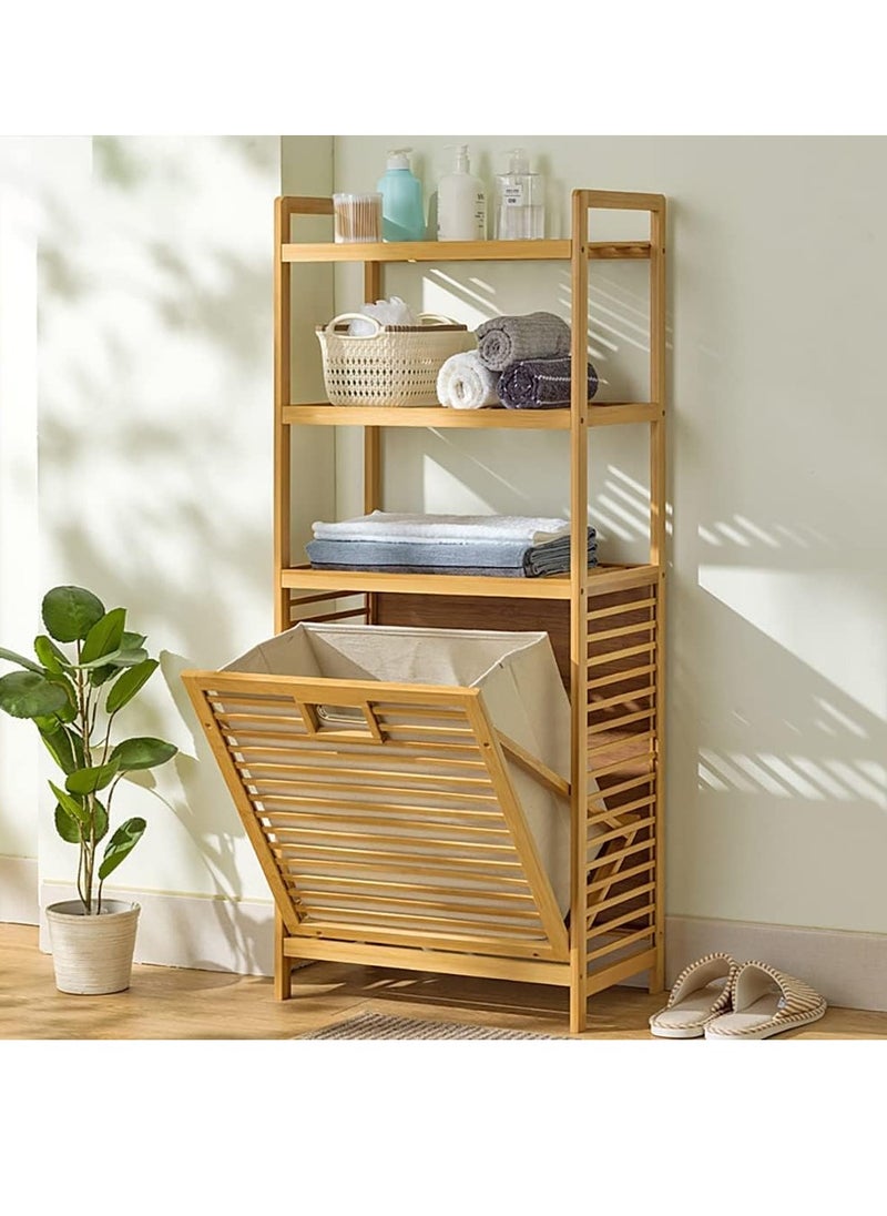 JOMILA Byroce Bamboo Tilt Out Laundry Hamper with Shelves 3-Tier Storage Shelf with Removable Laundry Basket & Handle Tower Hamper Cabinet Organizer for Bathroom Bedroom Laundry Room Living Room  - Image 1