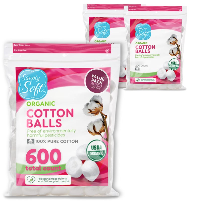 Simply Soft Premium Organic Cotton Balls, 600 Count (3 Bags) 100% Pure Cotton, Certified Organic, Hypoallergenic, Large, Soft & Absorbent for Beauty, Cosmetics, Skin Care, Lint Free - Image 1