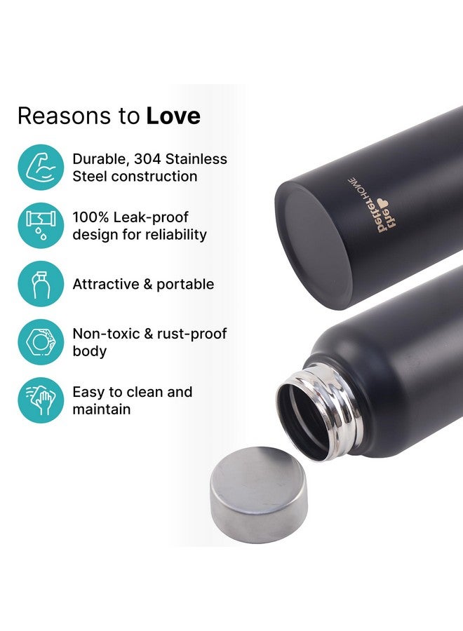 The Better Home 1000 Stainless Steel Water Bottle 1 Litre | Rust-Proof, Lightweight, Leak-Proof & Durable | Eco-Friendly, Non-Toxic & BPA Free Water Bottles 1+ Litre | Black (Pack of 1) - Image 2