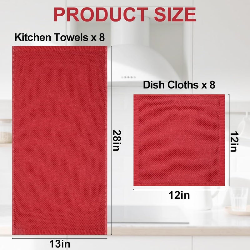 Homaxy 100% Cotton Kitchen Towels and Dishcloths Set, 12 x 12 Inches and 13 x 28 Inches, Set of 16 Bulk Kitchen Towels Set, Ultra Soft Absorbent Dish Cloths for Washing Dishes, Red - Image 4