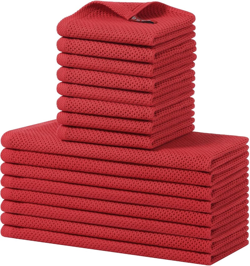 Homaxy 100% Cotton Kitchen Towels and Dishcloths Set, 12 x 12 Inches and 13 x 28 Inches, Set of 16 Bulk Kitchen Towels Set, Ultra Soft Absorbent Dish Cloths for Washing Dishes, Red - Image 1