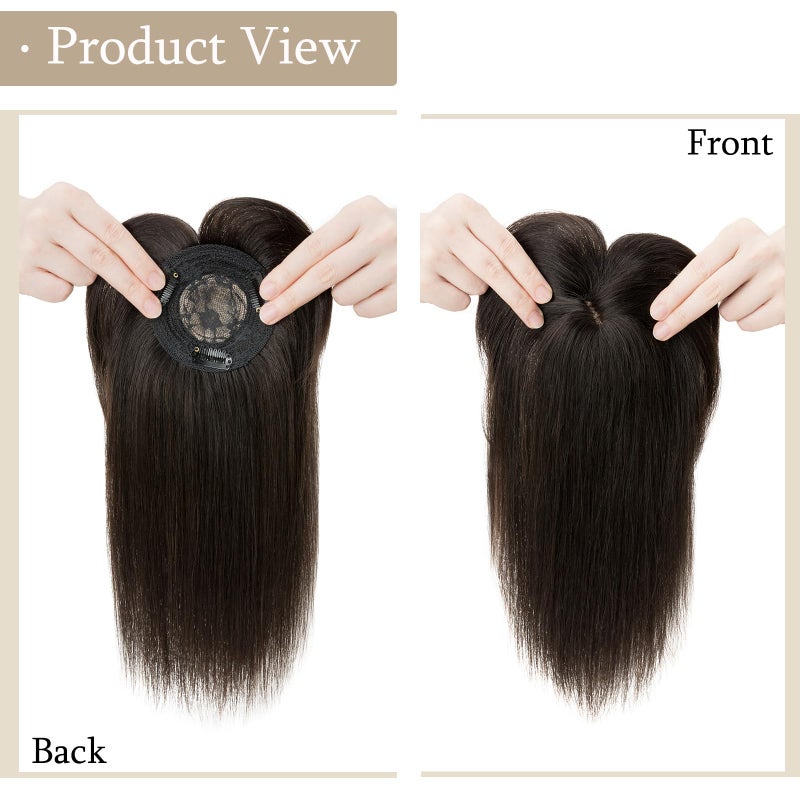 My Lady 100% Real Human Hair Top Hairpieces for Womem with Bangs 150% Density Natural Mono Base Crown Topper Clip in on Hair Piece Straight Middle Part for Hair Loss Thinning Hair 14 Inch 1B# Natural Black - Image 2
