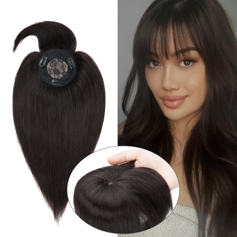 My Lady 100% Real Human Hair Top Hairpieces for Womem with Bangs 150% Density Natural Mono Base Crown Topper Clip in on Hair Piece Straight Middle Part for Hair Loss Thinning Hair 14 Inch 1B# Natural Black - Image 1