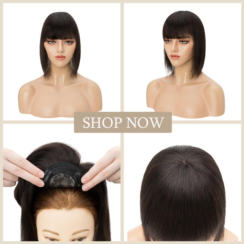 My Lady 100% Real Human Hair Top Hairpieces for Womem with Bangs 150% Density Natural Mono Base Crown Topper Clip in on Hair Piece Straight Middle Part for Hair Loss Thinning Hair 14 Inch 1B# Natural Black - Image 5