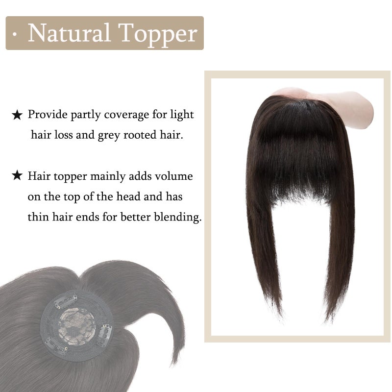 My Lady 100% Real Human Hair Top Hairpieces for Womem with Bangs 150% Density Natural Mono Base Crown Topper Clip in on Hair Piece Straight Middle Part for Hair Loss Thinning Hair 14 Inch 1B# Natural Black - Image 3