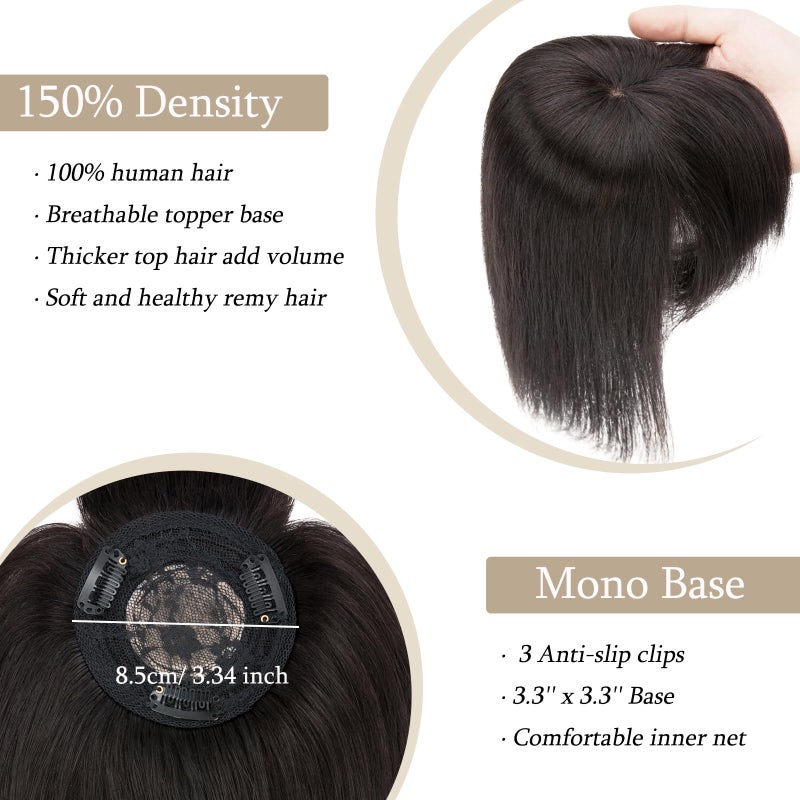 My Lady 100% Real Human Hair Top Hairpieces for Womem with Bangs 150% Density Natural Mono Base Crown Topper Clip in on Hair Piece Straight Middle Part for Hair Loss Thinning Hair 14 Inch 1B# Natural Black - Image 4