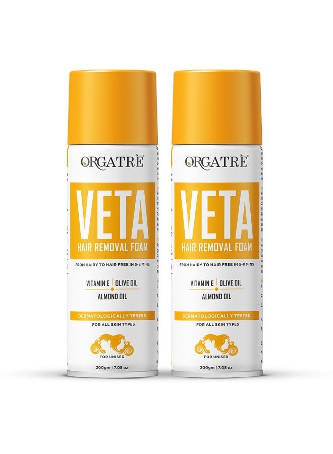 Orgatre Veta Hair Removal Foam for Unisex (200gm x 2) | Fast & Painless Body Hair Remover for Chest, Back, Legs, Intimate Areas | Works in 5-8 Minutes - Image 1