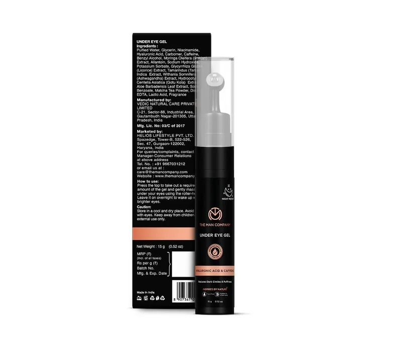 The Man Company  Under Eye Gel With Cooling Massage Roller For Dark Circles, Fine Lines & Puffy Eyes with Caffeine & Hyaluronic Acid – 15gm for Men | Best Price UAE