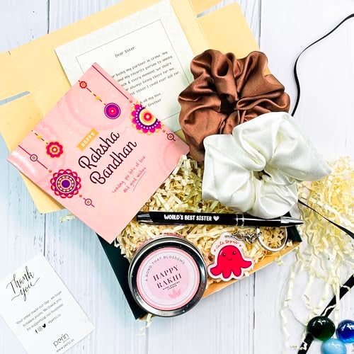 SINCE 7 STORE Rakhi Gift Hamper For Sister-Includes 6 Products: Metal Pen Which Says "World's Best Sister", 2 Scrunchies, Keychain, Scented Jar Candle Box, And Heartfelt Note From Brother ,Multi - Image 1