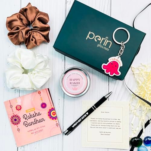 SINCE 7 STORE Rakhi Gift Hamper For Sister-Includes 6 Products: Metal Pen Which Says "World's Best Sister", 2 Scrunchies, Keychain, Scented Jar Candle Box, And Heartfelt Note From Brother ,Multi - Image 2